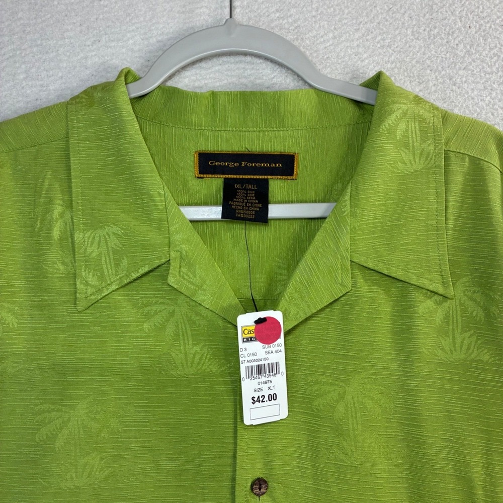 George Foreman Silk Button Shirt Men XLT Green Palm Tree AOP‎ Tropical Beach NWT